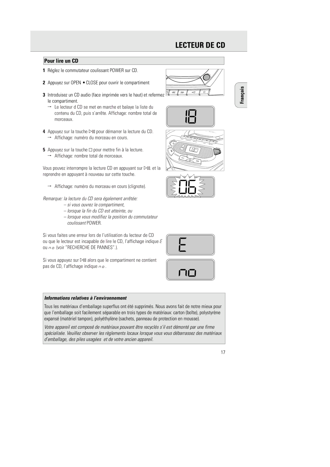 Philips AZ1055 manual Lecteur DE CD, Pour lire un CD, Réglez le commutateur coulissant Power sur CD 