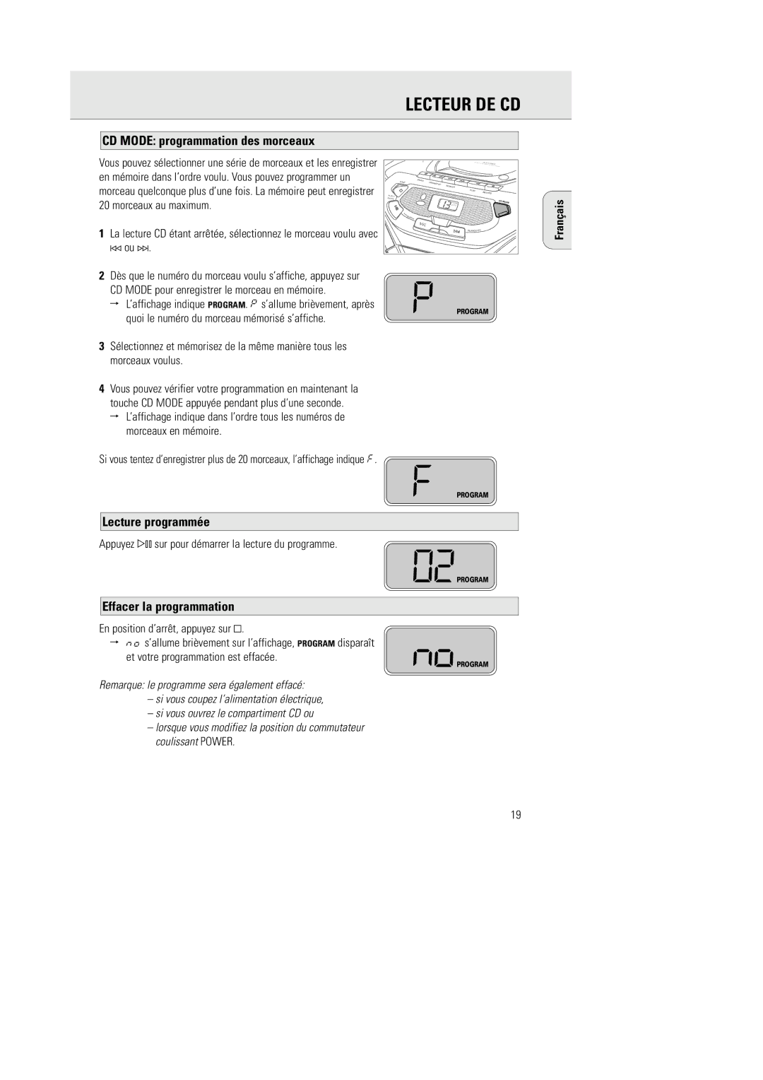 Philips AZ1055 manual CD Mode programmation des morceaux, Lecture programmée, Effacer la programmation 