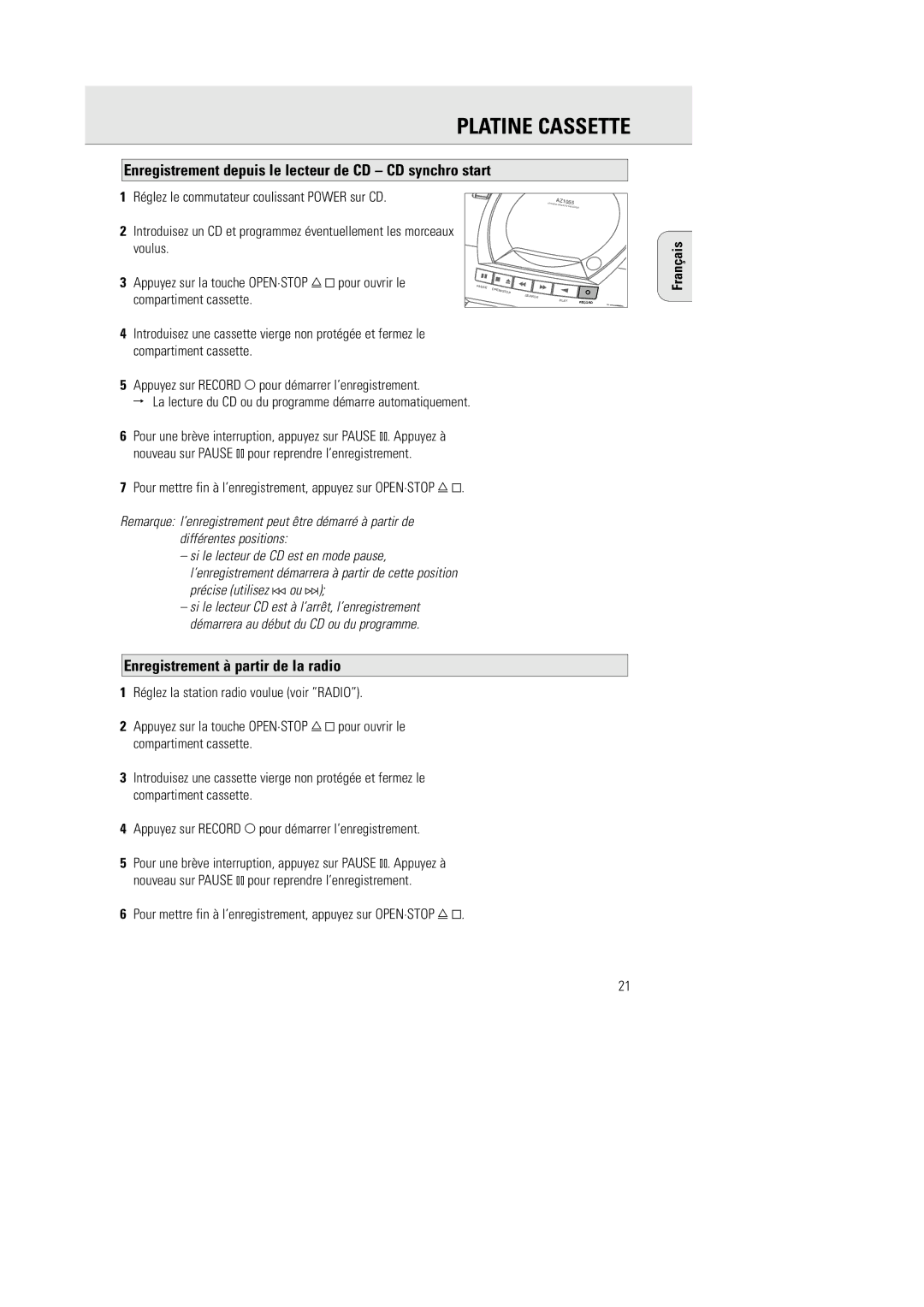 Philips AZ1055 manual Enregistrement depuis le lecteur de CD CD synchro start, Enregistrement à partir de la radio 