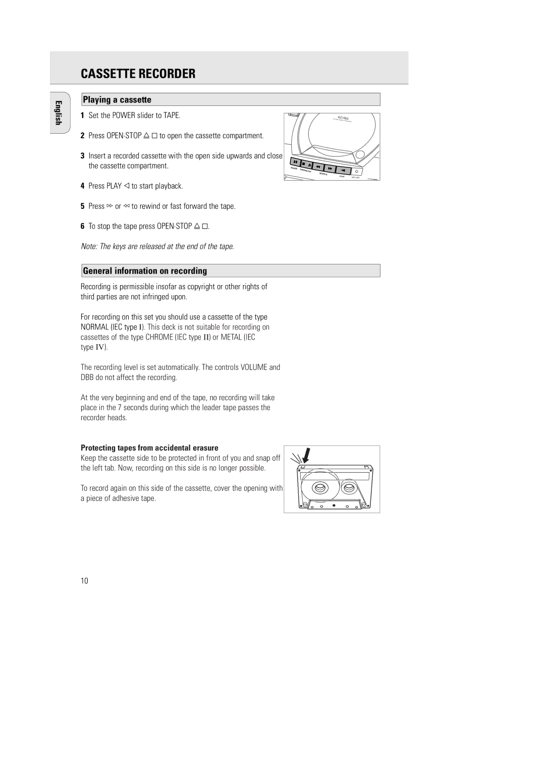 Philips AZ1055 manual General information on recording, Protecting tapes from accidental erasure 