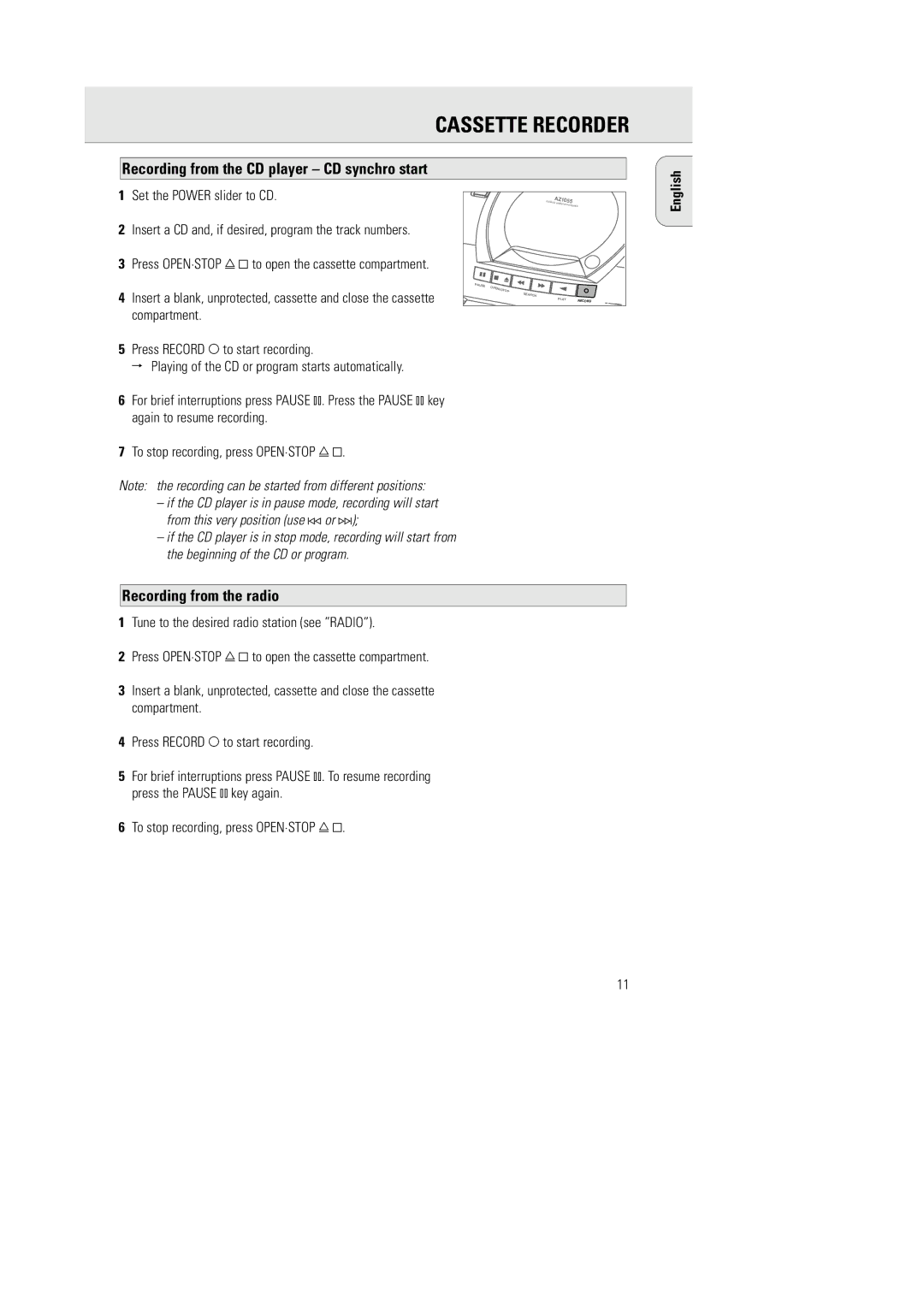 Philips AZ1055 manual Cassette Recorder, Recording from the CD player CD synchro start, Recording from the radio 