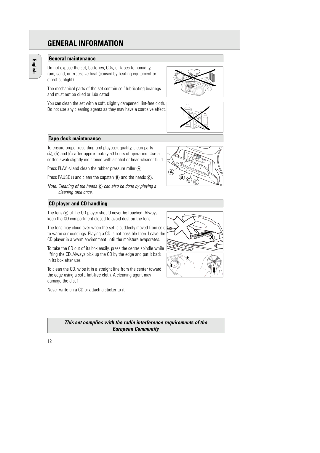 Philips AZ1055 manual General Information, General maintenance, Tape deck maintenance, CD player and CD handling 