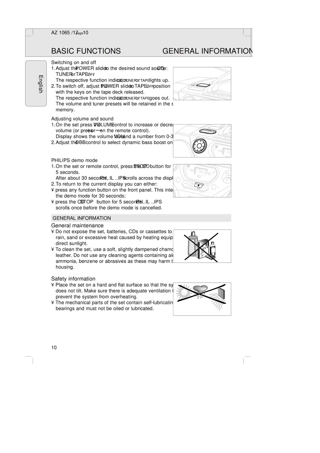 Philips AZ1065 manual Basic Functions, General Information, General maintenance, Safety information 