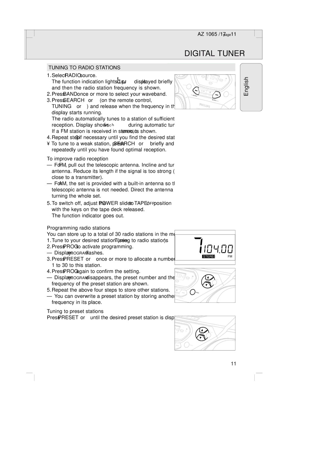 Philips AZ1065 manual Digital Tuner, Tuning to Radio Stations, To improve radio reception, Programming radio stations 