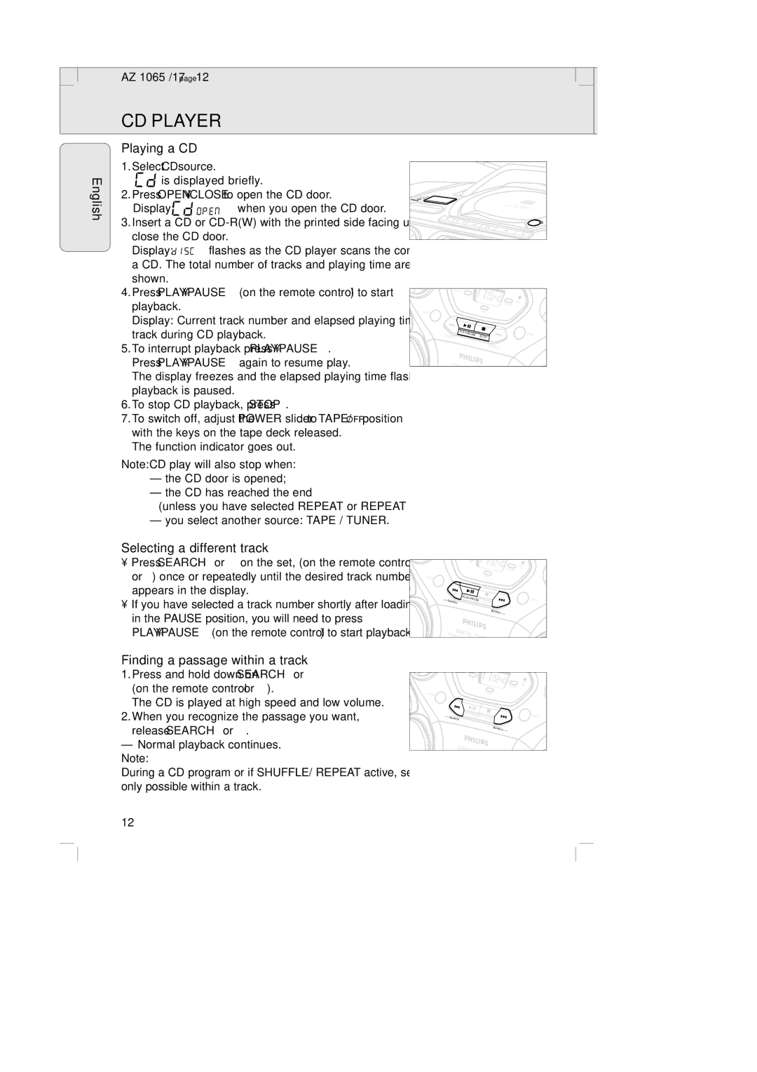 Philips AZ1065 manual CD Player, Playing a CD, Selecting a different track, Finding a passage within a track 