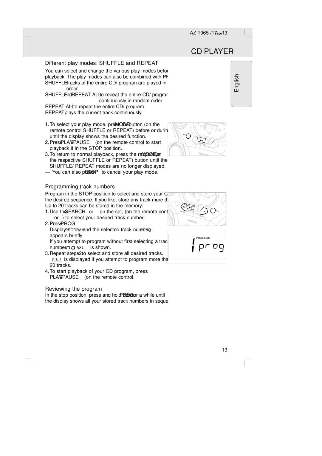 Philips AZ1065 manual Different play modes Shuffle and Repeat, Programming track numbers, Reviewing the program, Order 