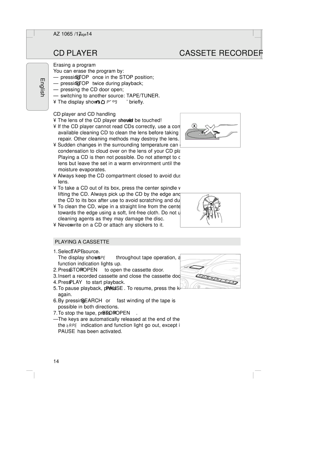 Philips AZ1065 manual Cassete Recorder, Erasing a program You can erase the program by, CD player and CD handling 