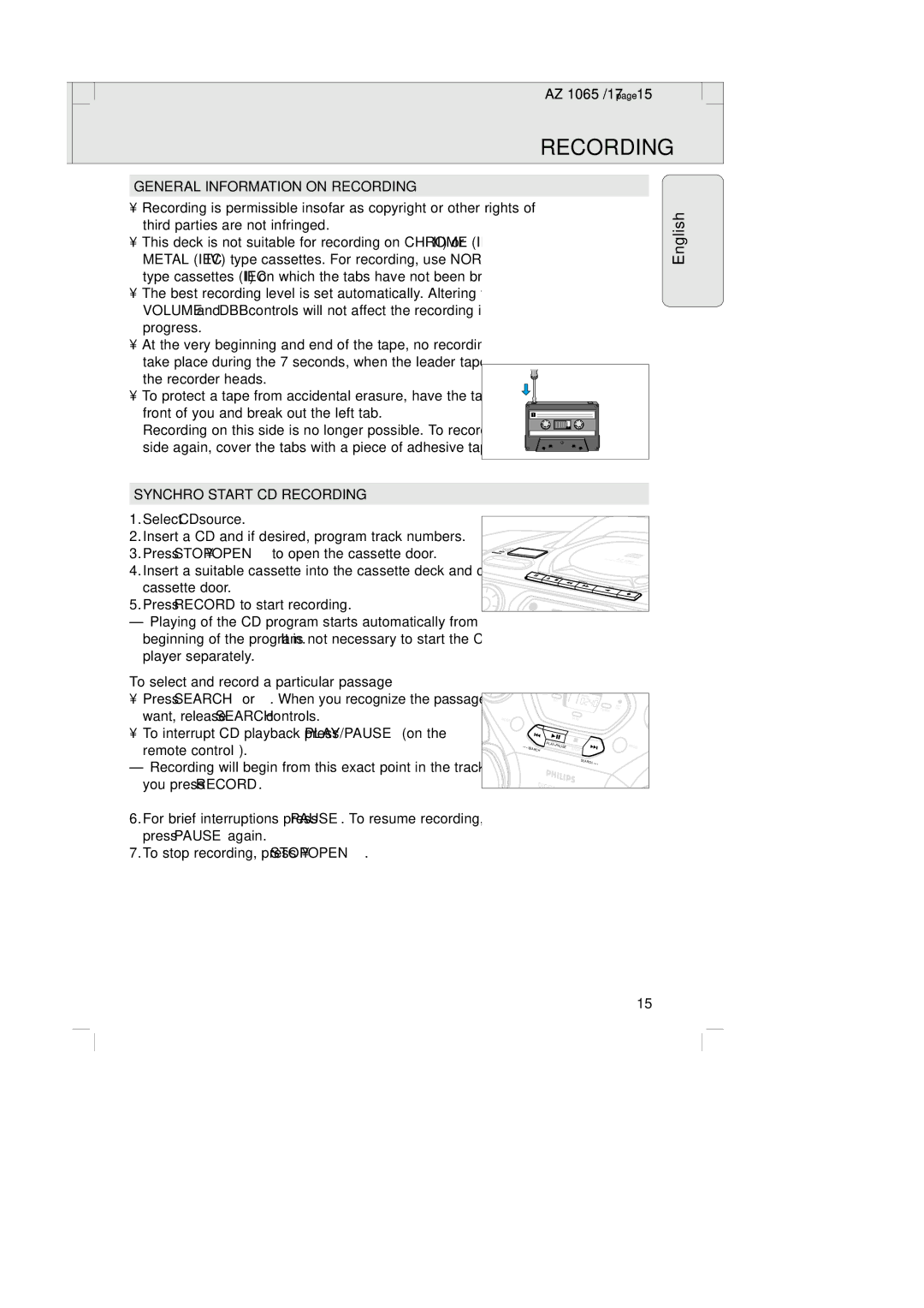 Philips AZ1065 manual AZ 1065 /17, General Information on Recording, Synchro Start CD Recording 