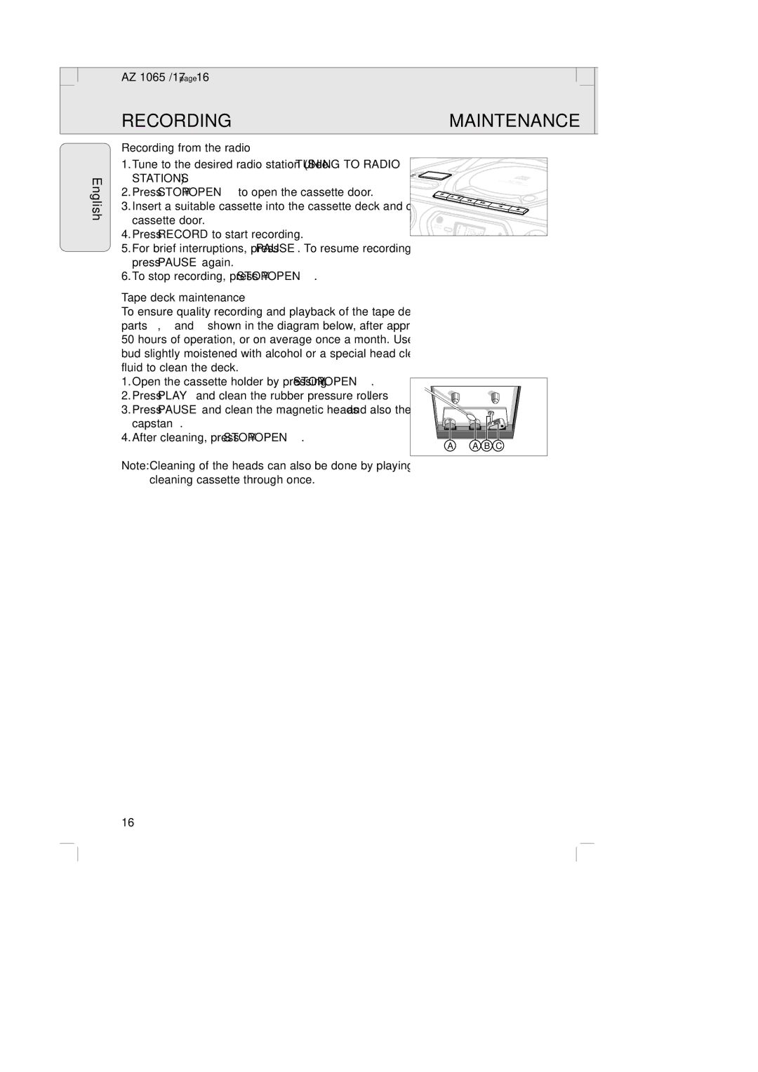 Philips AZ1065 manual Recording from the radio, Tape deck maintenance 