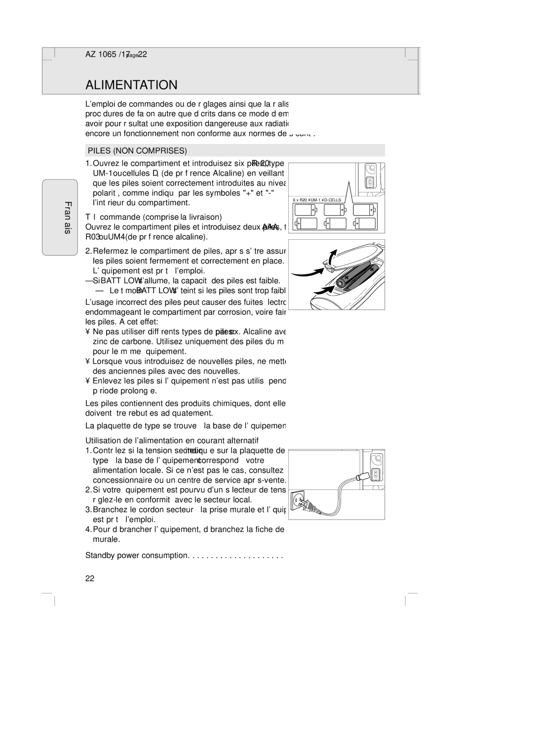 Philips AZ1065 manual Alimentation, Piles NON Comprises, Télécommande comprise à la livraison 