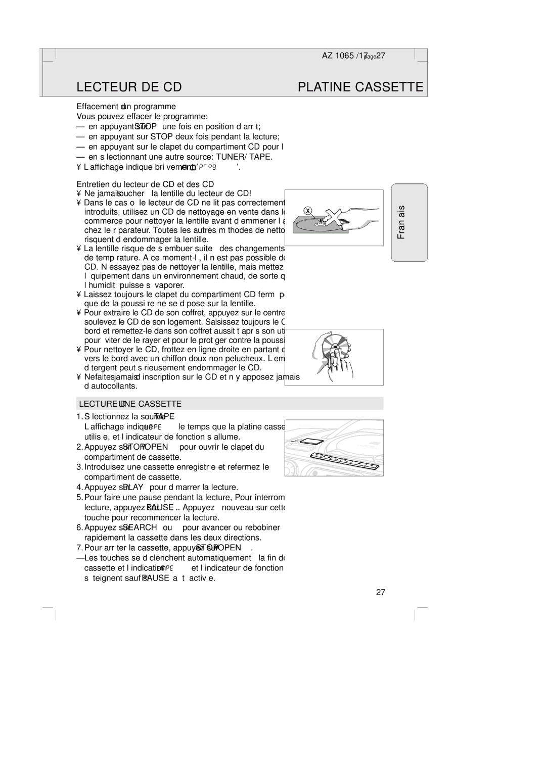 Philips AZ1065 Platine Cassette, Effacement d’un programme, Entretien du lecteur de CD et des CD, Lecture D’UNE Cassette 