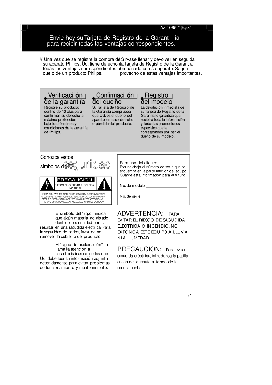 Philips AZ1065 manual Advertencia Para, Para uso del cliente, No. de modelo No. de serie 