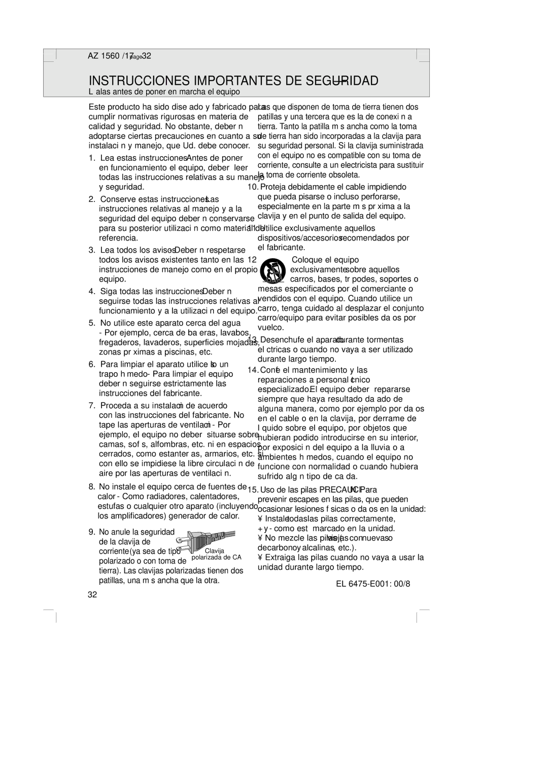 Philips AZ1065 Instrucciones Importantes DE Seguridad, Léalas antes de poner en marcha el equipo, No anule la seguridad 