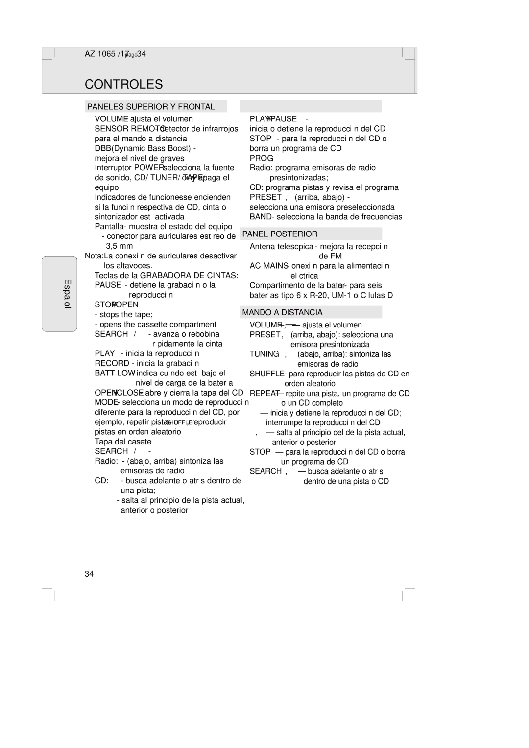 Philips AZ1065 manual Controles, Paneles Superior Y Frontal, Stopopen, Panel Posterior, Mando a Distancia 