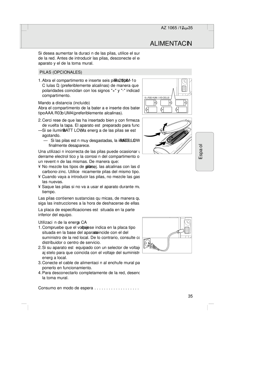 Philips AZ1065 manual Alimentación, Pilas Opcionales, Mando a distancia incluido, Utilización de la energía CA 