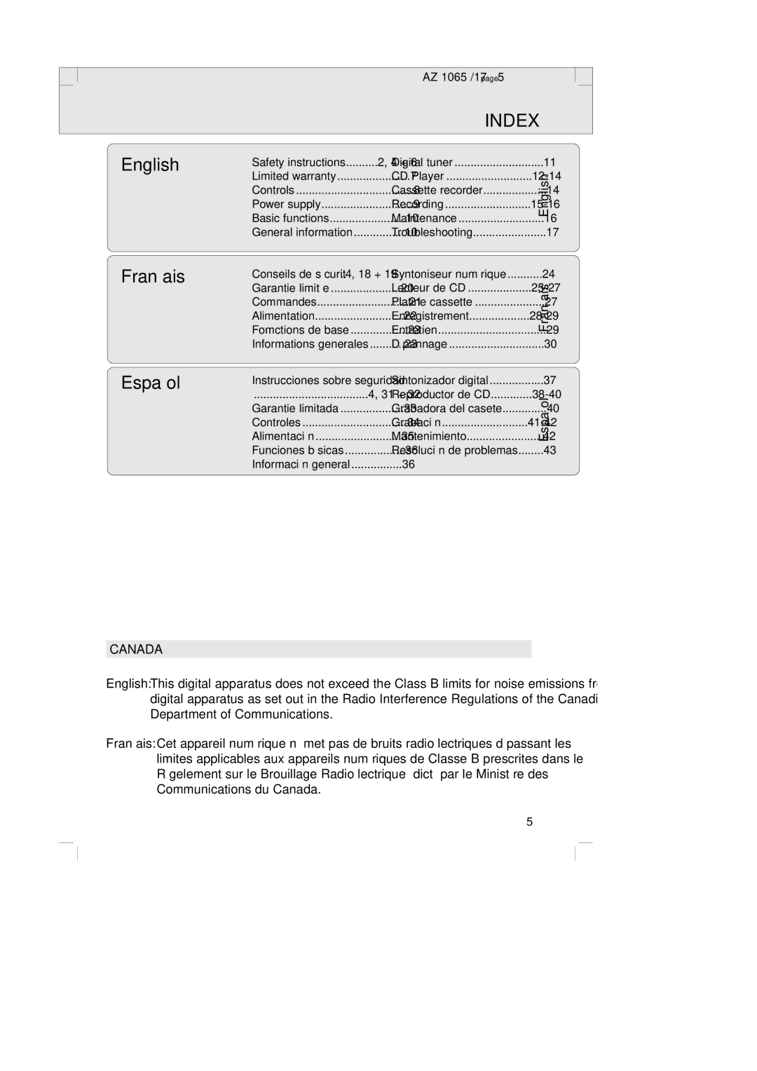 Philips AZ1065 manual Index, English, Français Español 