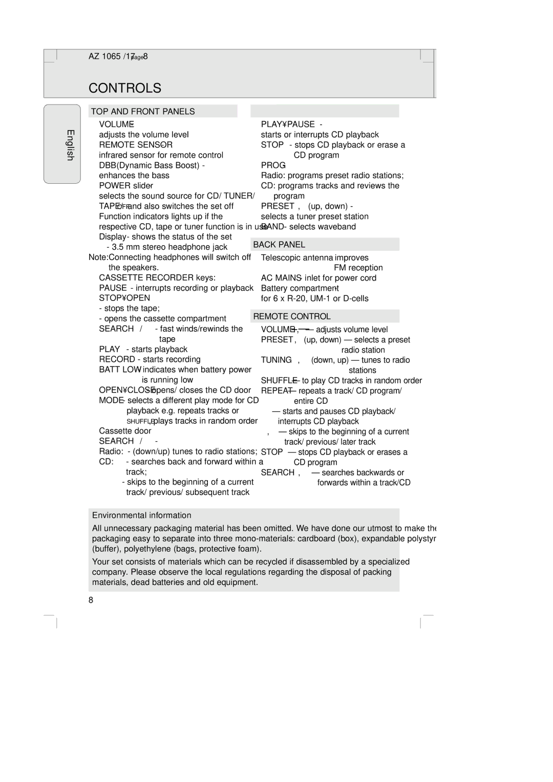 Philips AZ1065 manual Controls 