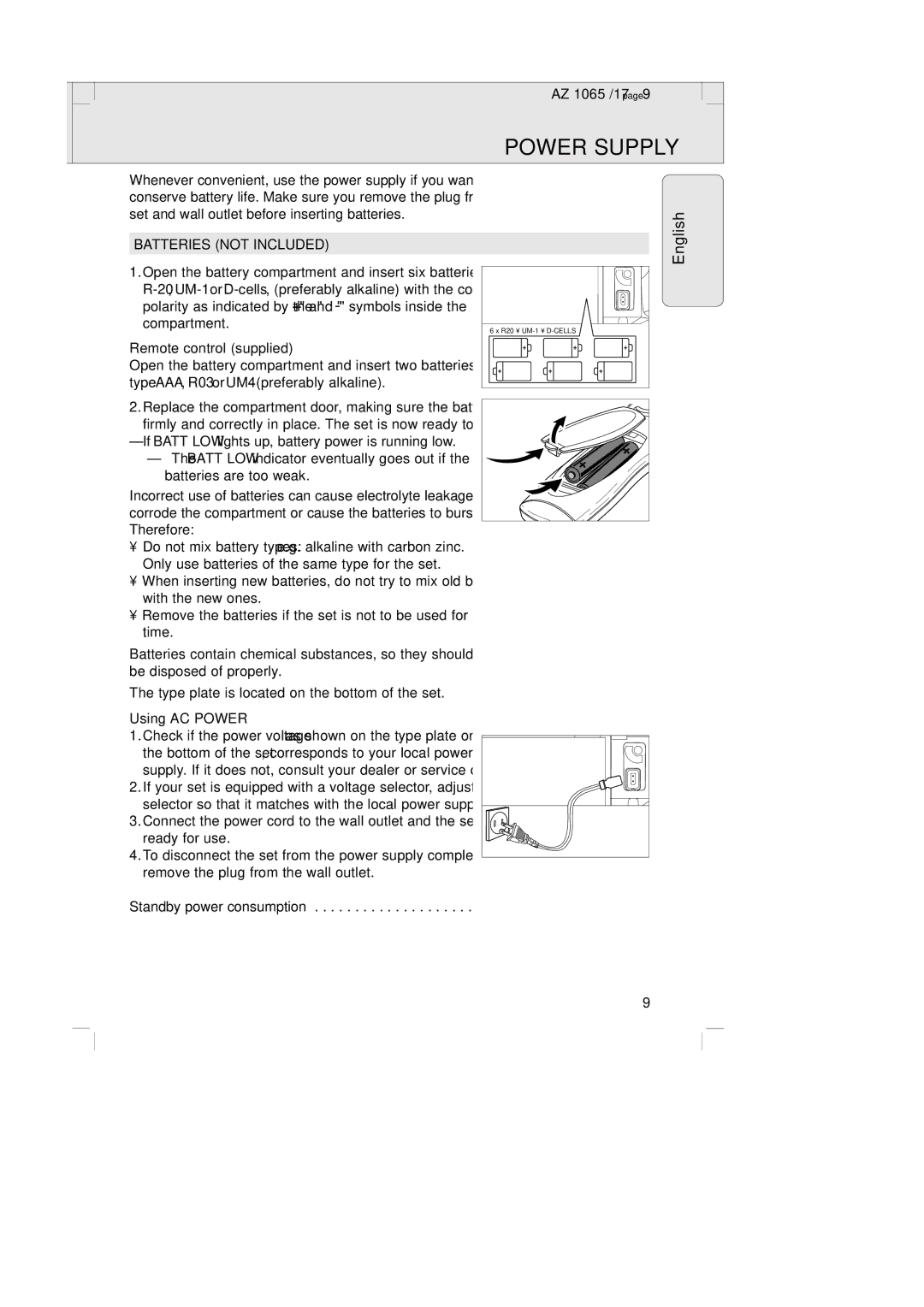 Philips AZ1065 manual Power Supply, Batteries not Included, Remote control supplied, Using AC Power 