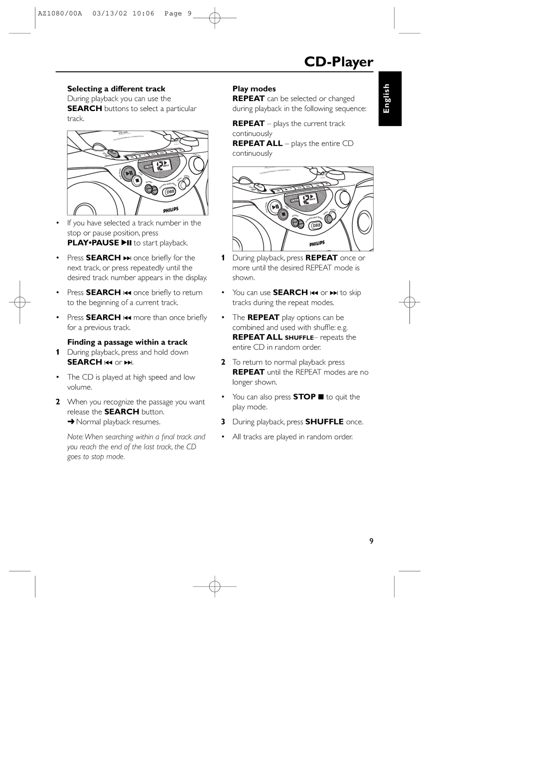 Philips AZ1080/00 manual Selecting a different track, Play modes Repeat can be selected or changed 