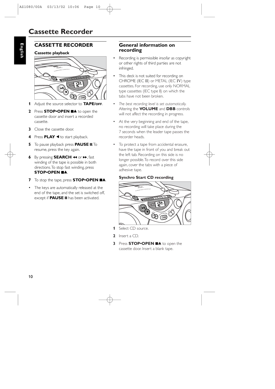 Philips AZ1080/00 manual Cassette Recorder, General information on recording, Cassette playback, Synchro Start CD recording 