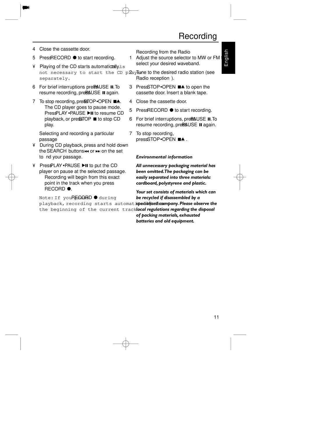 Philips AZ1080/00 Selecting and recording a particular passage, Recording from the Radio, Environmental information 