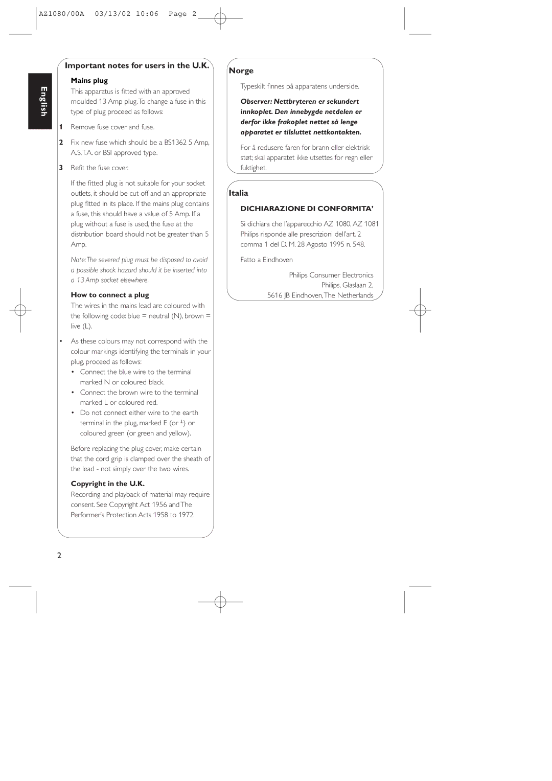 Philips AZ1080/00 manual Important notes for users in the U.K, Norge, Italia 