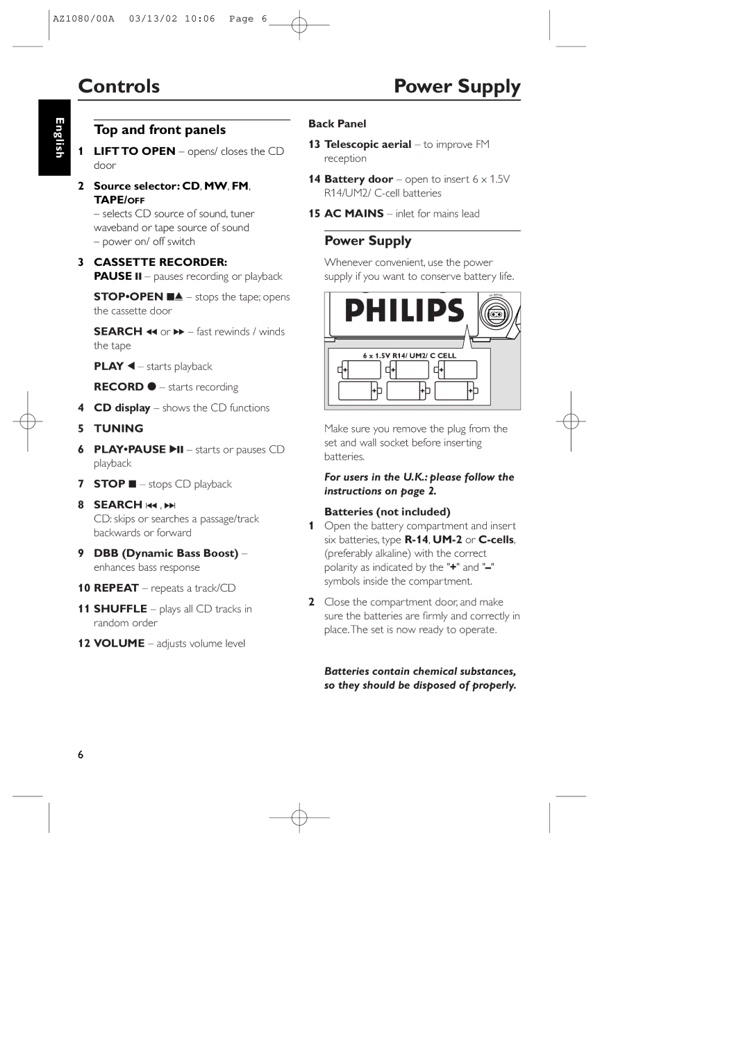 Philips AZ1080/00 Controls, Top and front panels, Power Supply, For users in the U.K. please follow the instructions on 