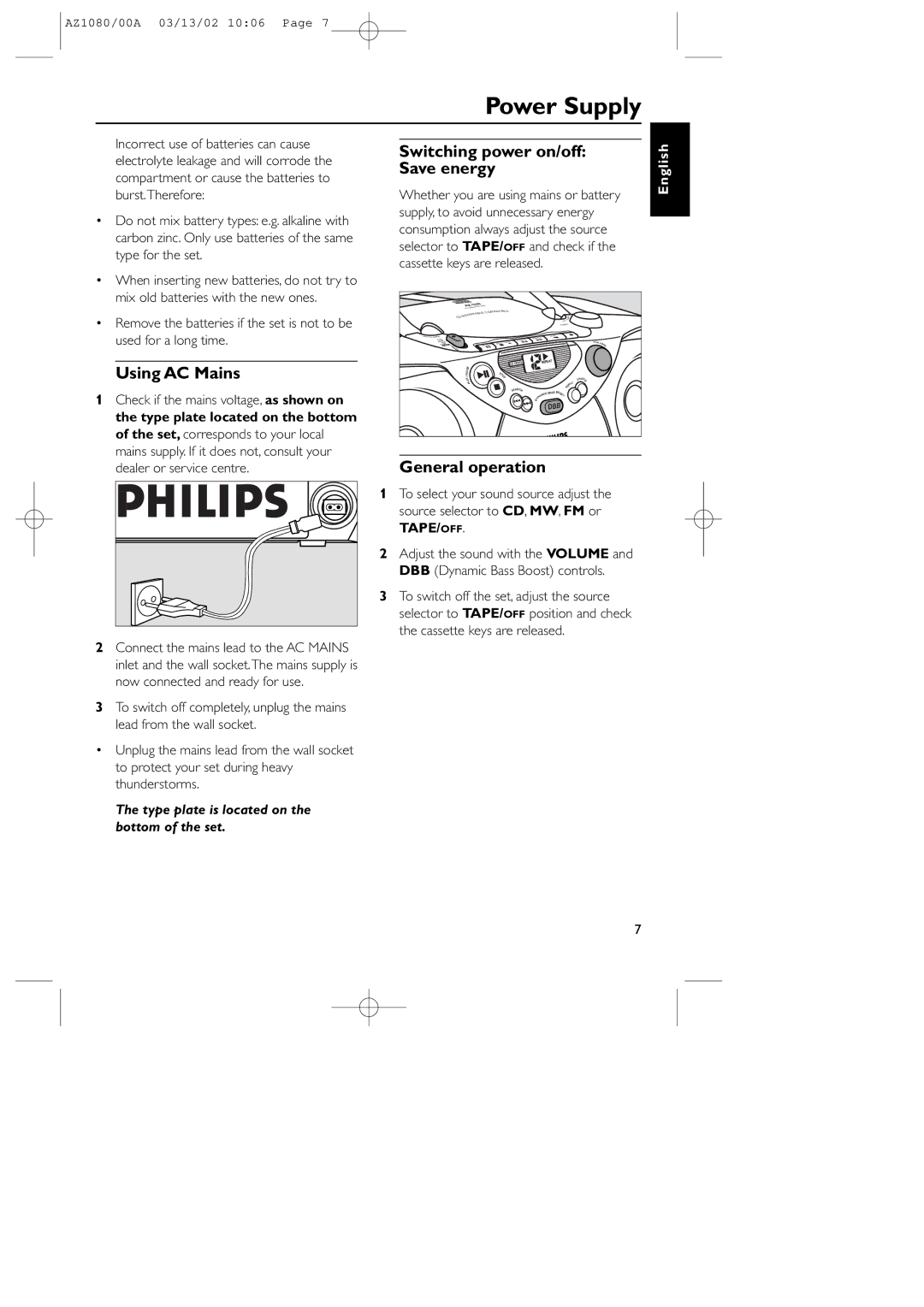 Philips AZ1080/00 manual Power Supply, Using AC Mains, Switching power on/off Save energy, General operation 