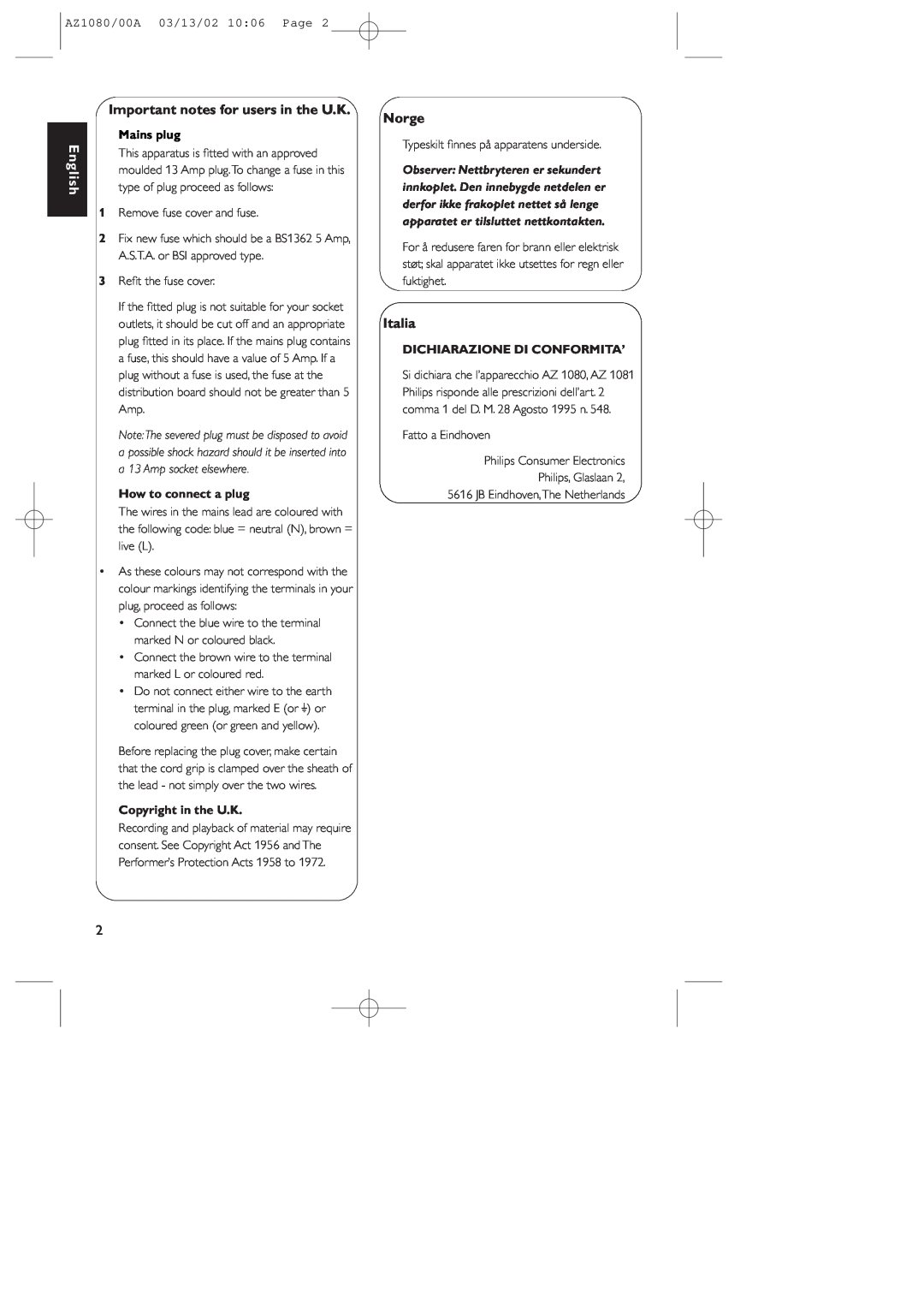 Philips manual Important notes for users in the U.K, English, Norge, Italia, AZ1080/00A 03/13/02 10 06 Page, Mains plug 