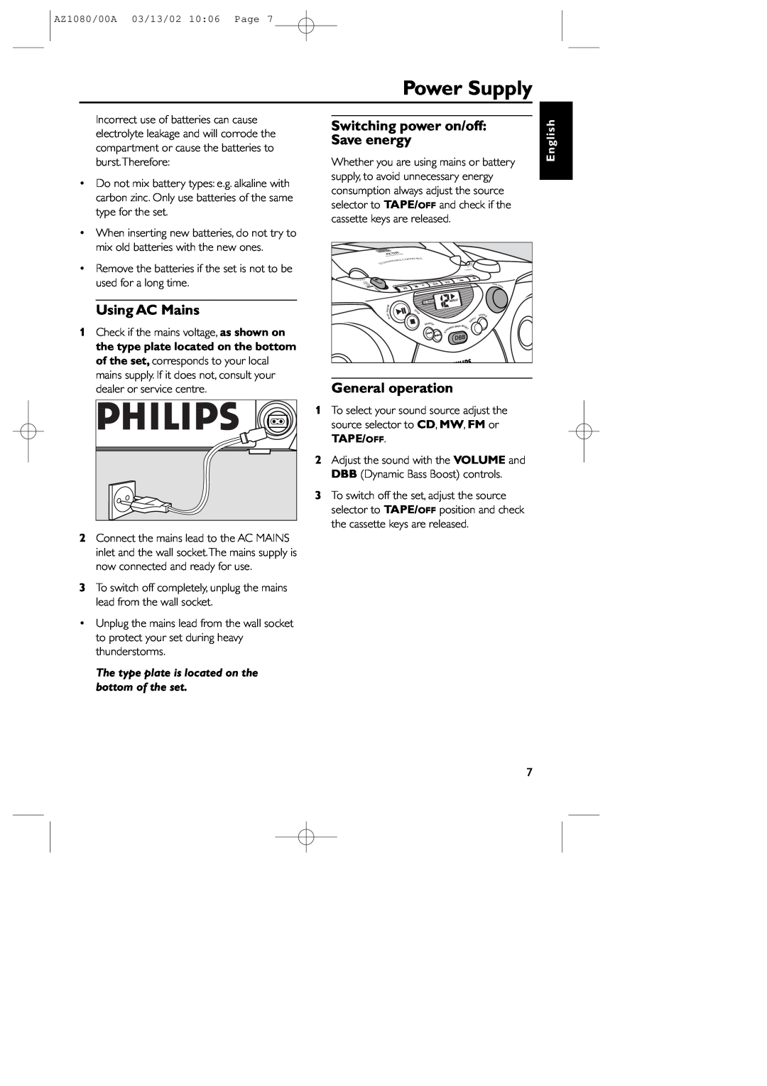 Philips AZ1080/00 manual Power Supply, Using AC Mains, Switching power on/off Save energy, General operation, English 