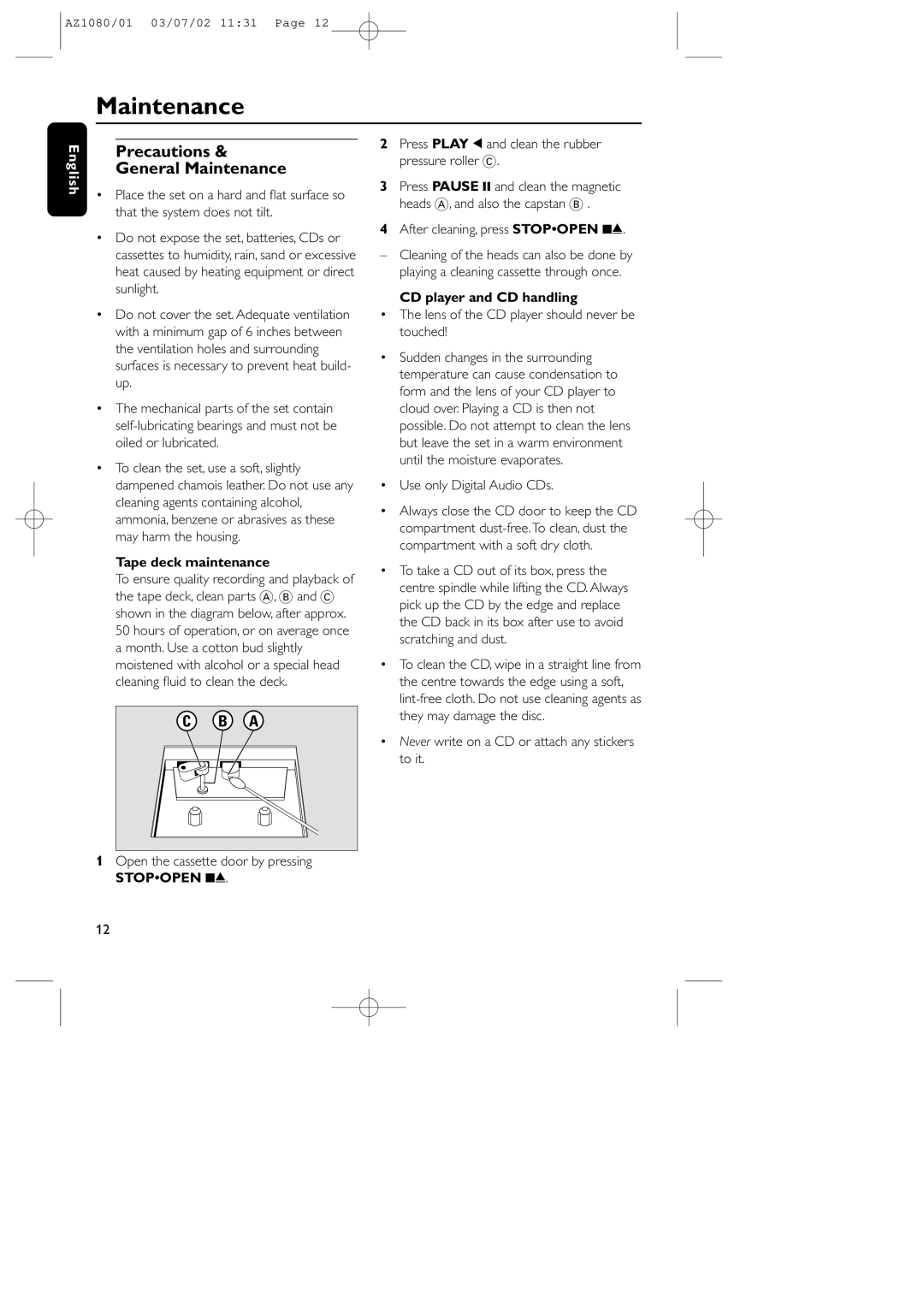 Philips AZ1081, AZ1080 manual Precautions General Maintenance, Tape deck maintenance, CD player and CD handling 