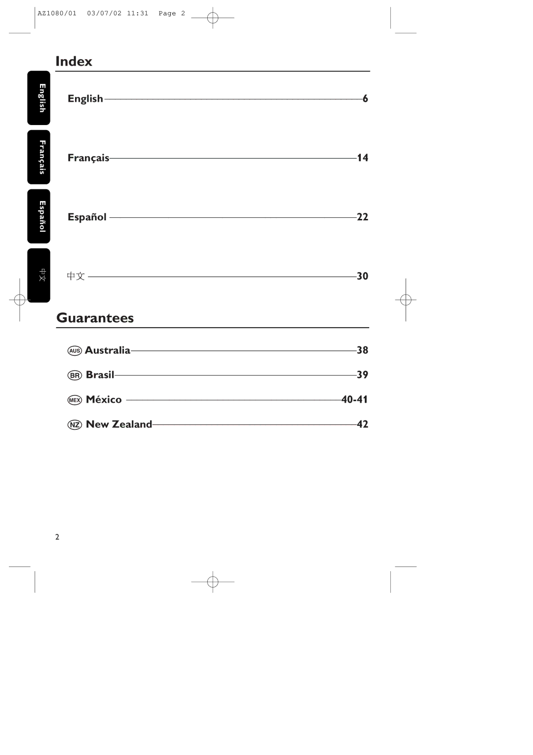 Philips AZ1081, AZ1080 manual Index, Guarantees 