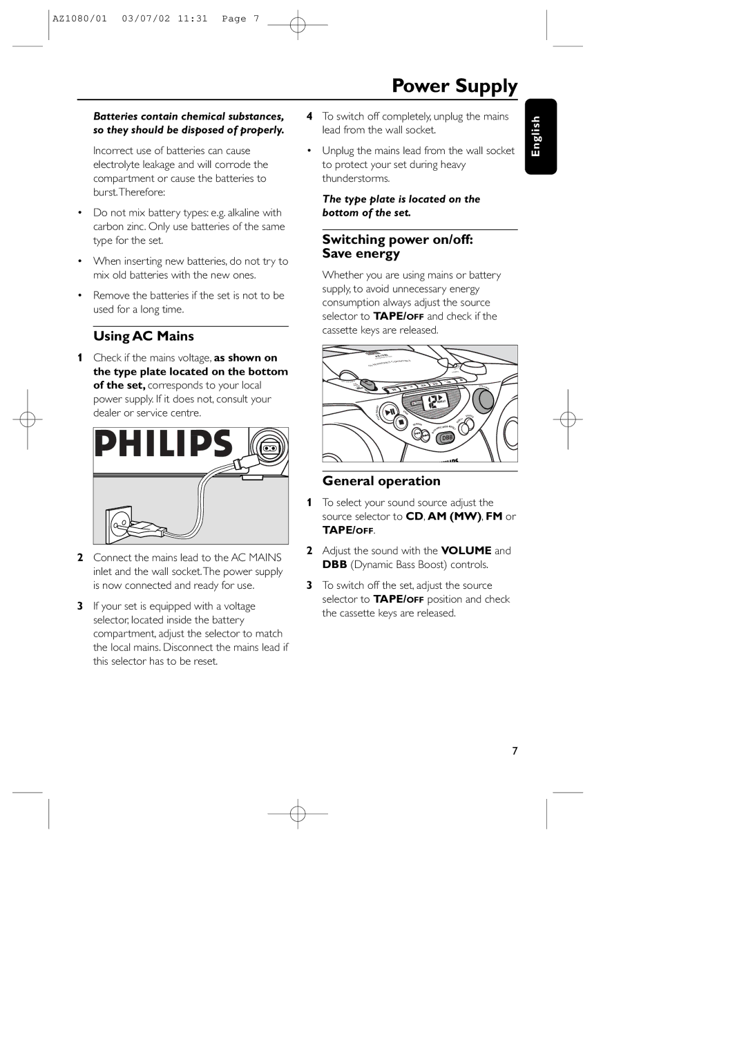 Philips AZ1080, AZ1081 manual Power Supply, Using AC Mains, Switching power on/off Save energy, General operation 