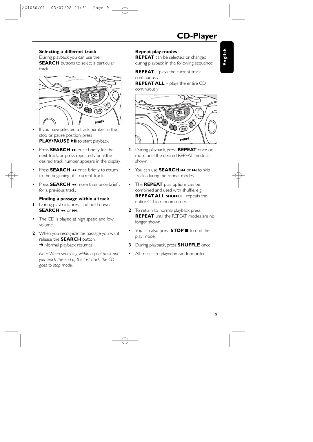 Philips AZ1080, AZ1081 manual Selecting a different track, Repeat play modes, Repeat can be selected or changed 