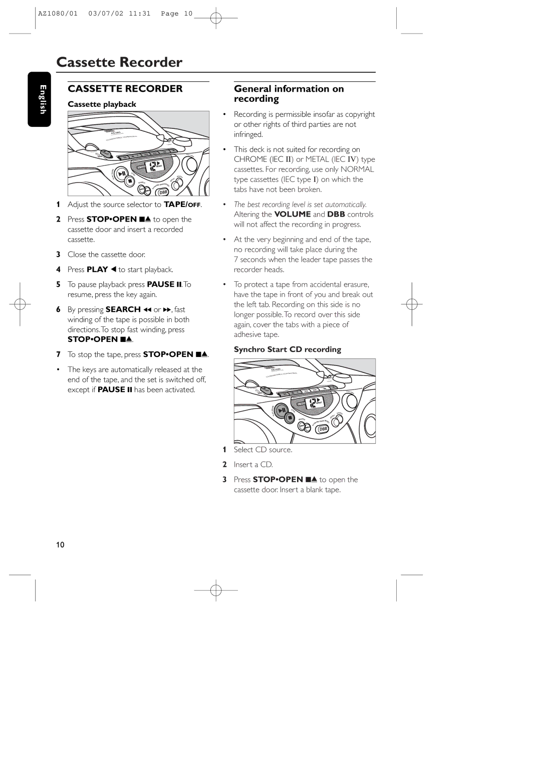 Philips AZ1081, AZ1080 Cassette Recorder, General information on recording, Cassette playback, Synchro Start CD recording 