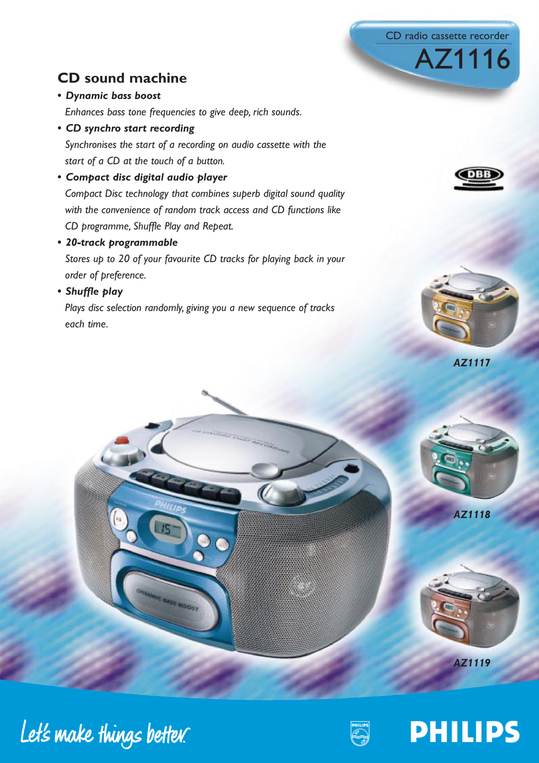 Philips AZ1116 manual Dynamic bass boost, CD synchro start recording, Compact disc digital audio player, Shuffle play 