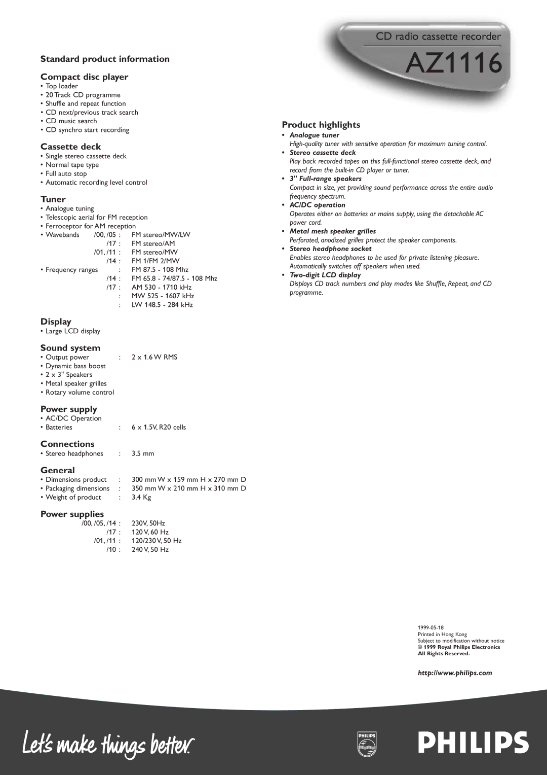 Philips AZ1116 Standard product information Compact disc player, Cassette deck, Tuner, Display, Sound system, Power supply 