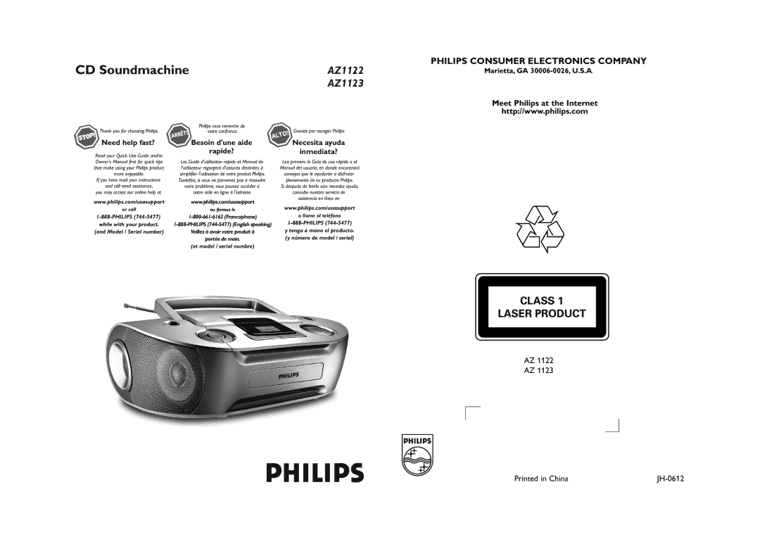 Philips AZ1123, AZ1122 owner manual Marietta, GA 30006-0026, U.S.A, Necesita ayuda Inmediata? 