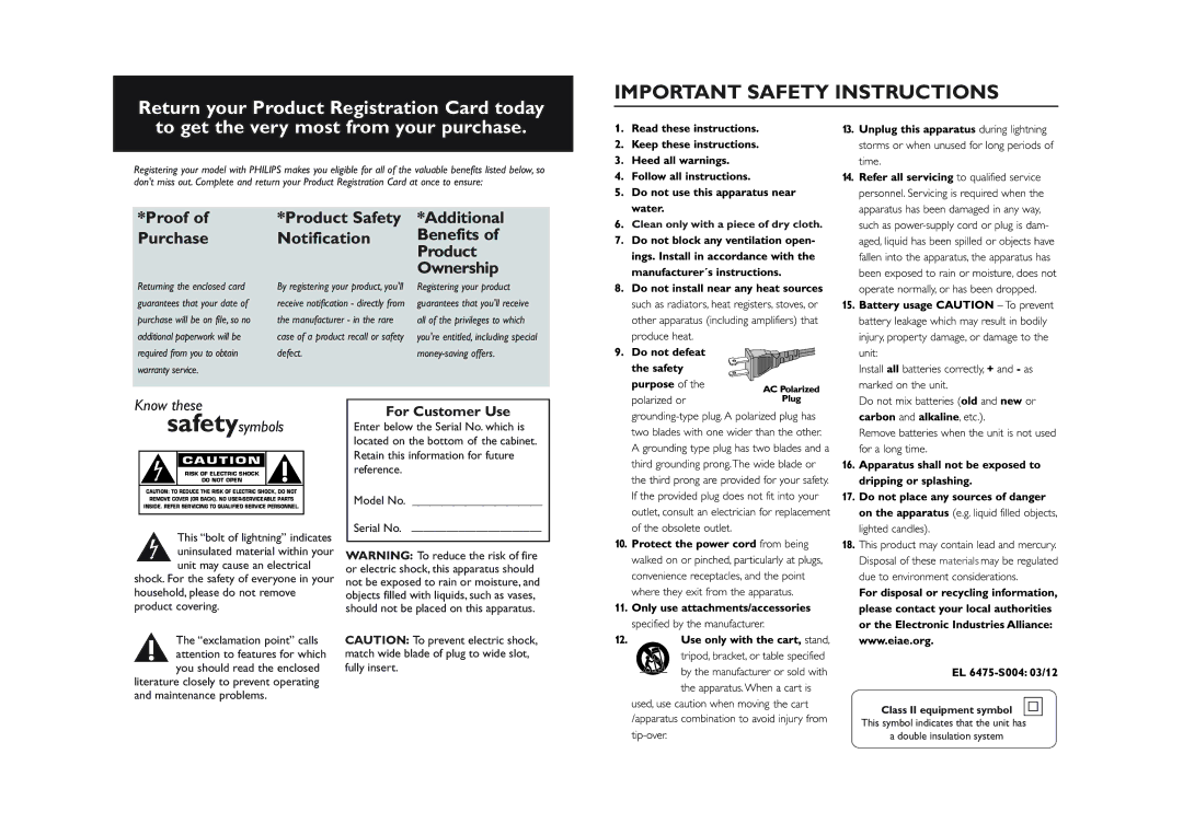 Philips AZ1122, AZ1123 owner manual For Customer Use, Clean only with a piece of dry cloth 