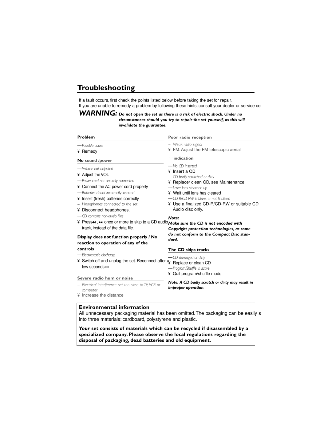 Philips AZ1123WCD user manual Troubleshooting, Problem, Controls, CD skips tracks 