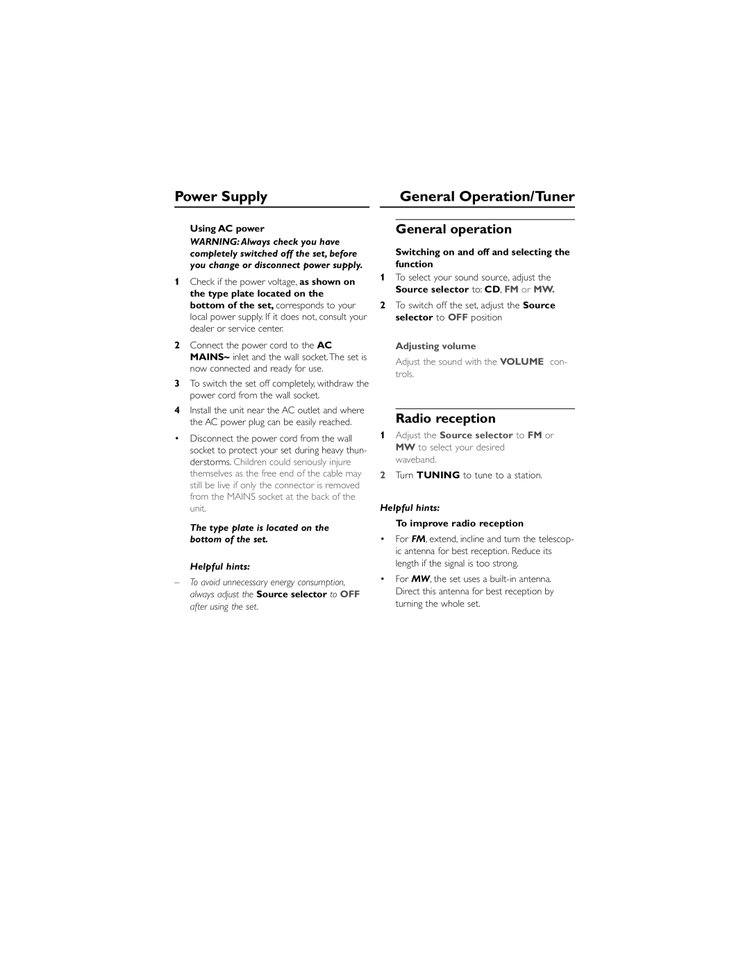 Philips AZ1123WCD user manual Power Supply General Operation/Tuner, General operation, Radio reception 