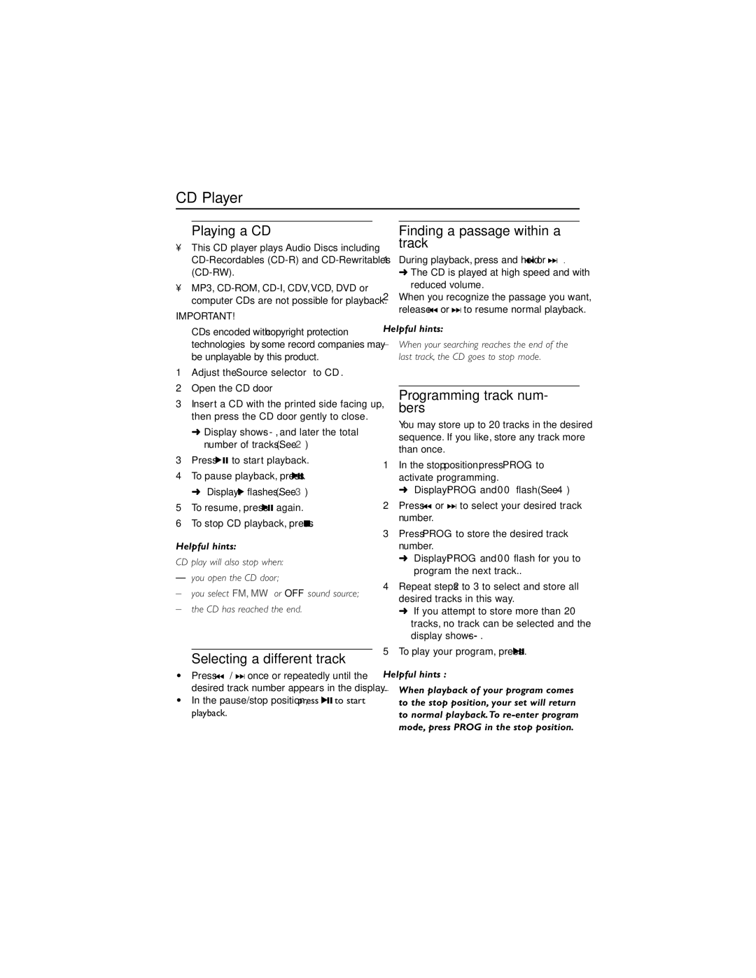 Philips AZ1123WCD user manual CD Player, Playing a CD, Selecting a different track, Finding a passage within a track 