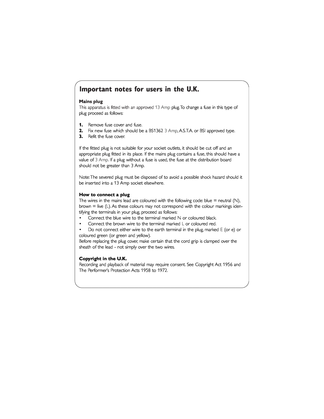 Philips AZ1123WCD user manual Important notes for users in the U.K, Mains plug, How to connect a plug, Copyright in the U.K 