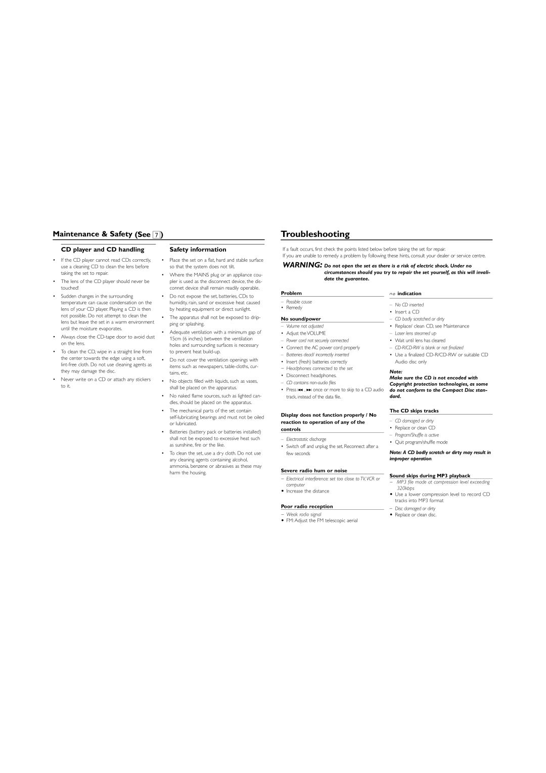 Philips AZ1133 user manual Troubleshooting, Maintenance & Safety See, CD player and CD handling 