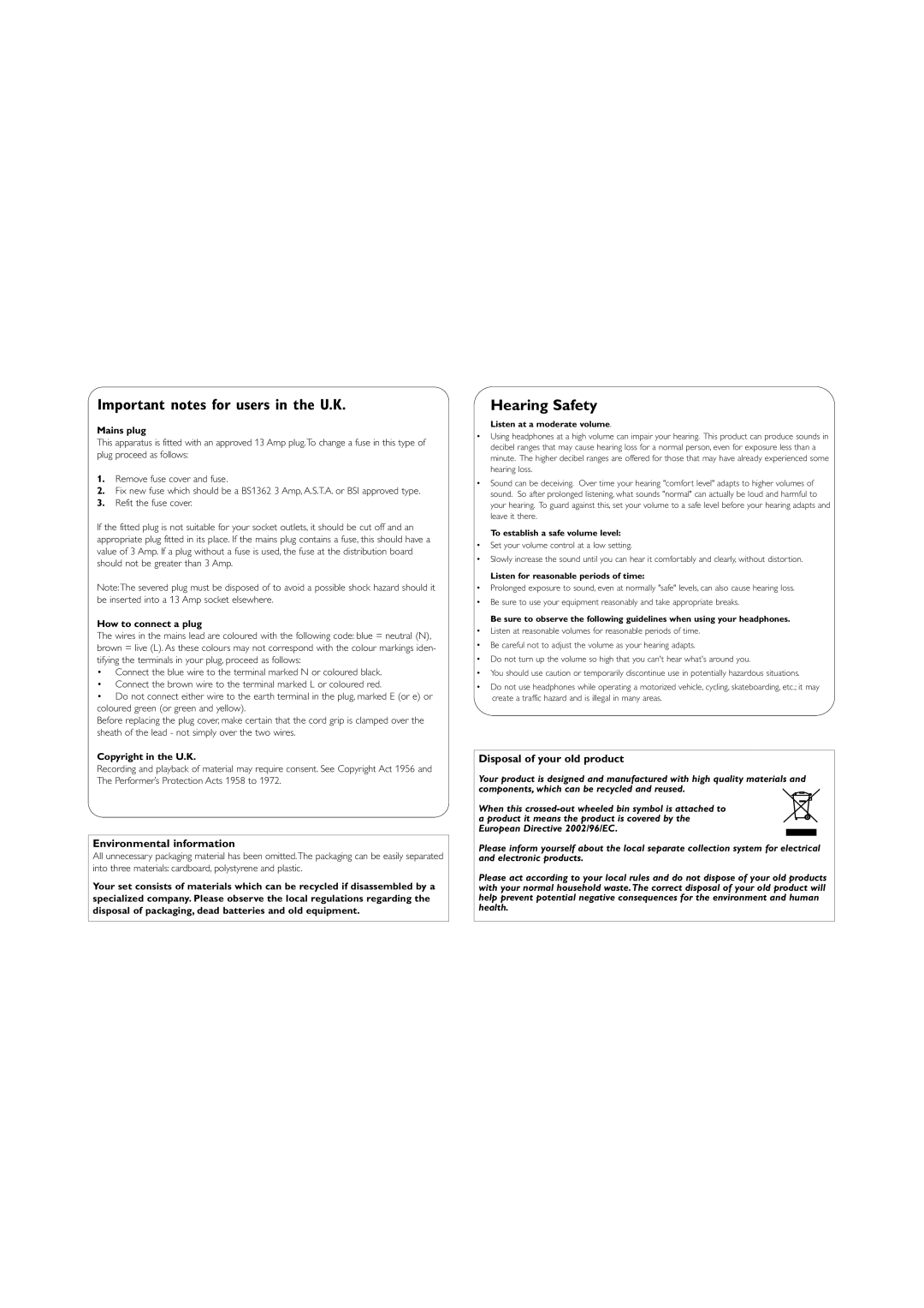 Philips AZ1133 user manual Important notes for users in the U.K, Hearing Safety, Environmental information 