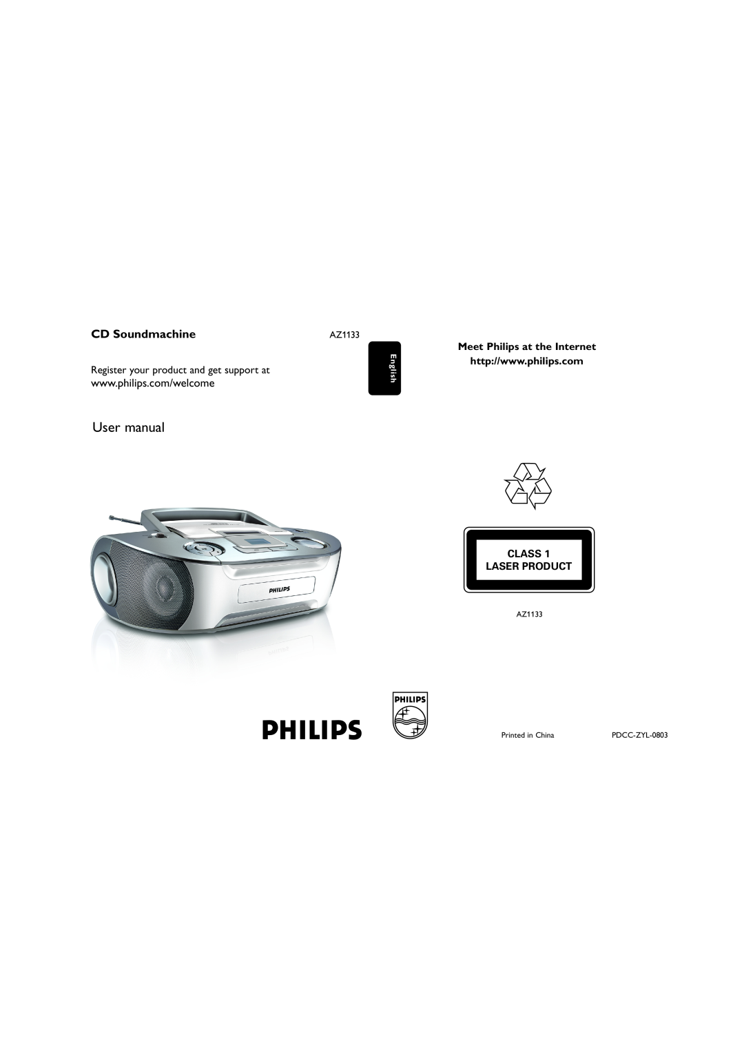 Philips AZ1133 user manual Meet Philips at the Internet, Class Laser Product, CD Soundmachine, English 
