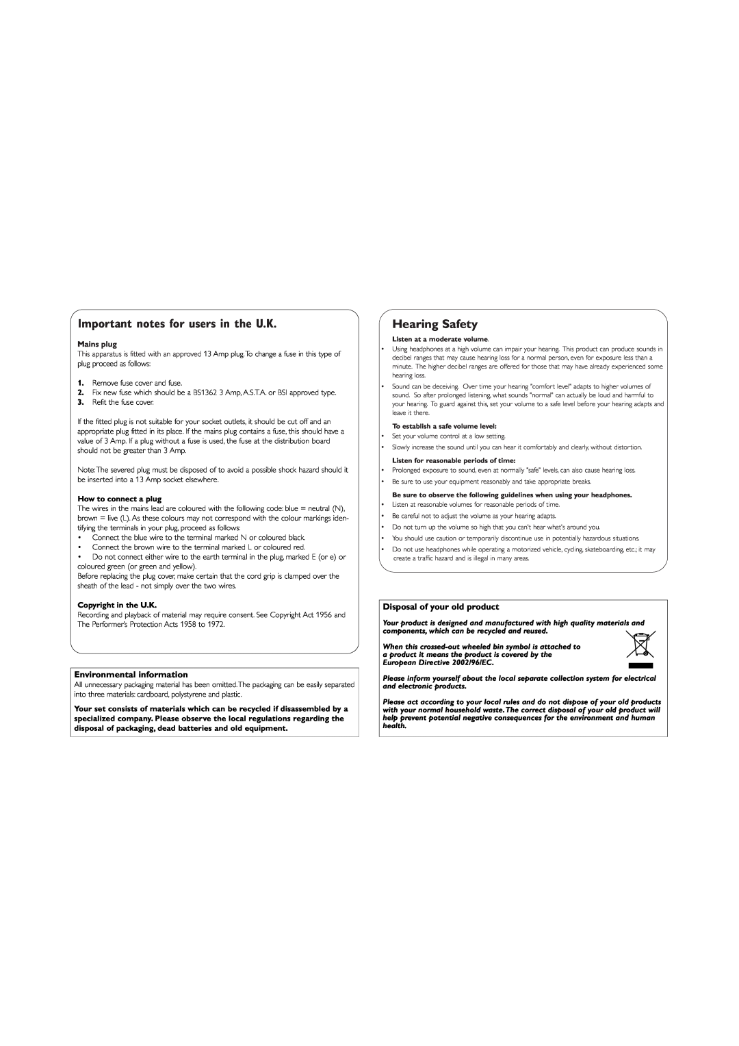 Philips AZ1133 user manual Important notes for users in the U.K, Hearing Safety, Environmental information, Mains plug 