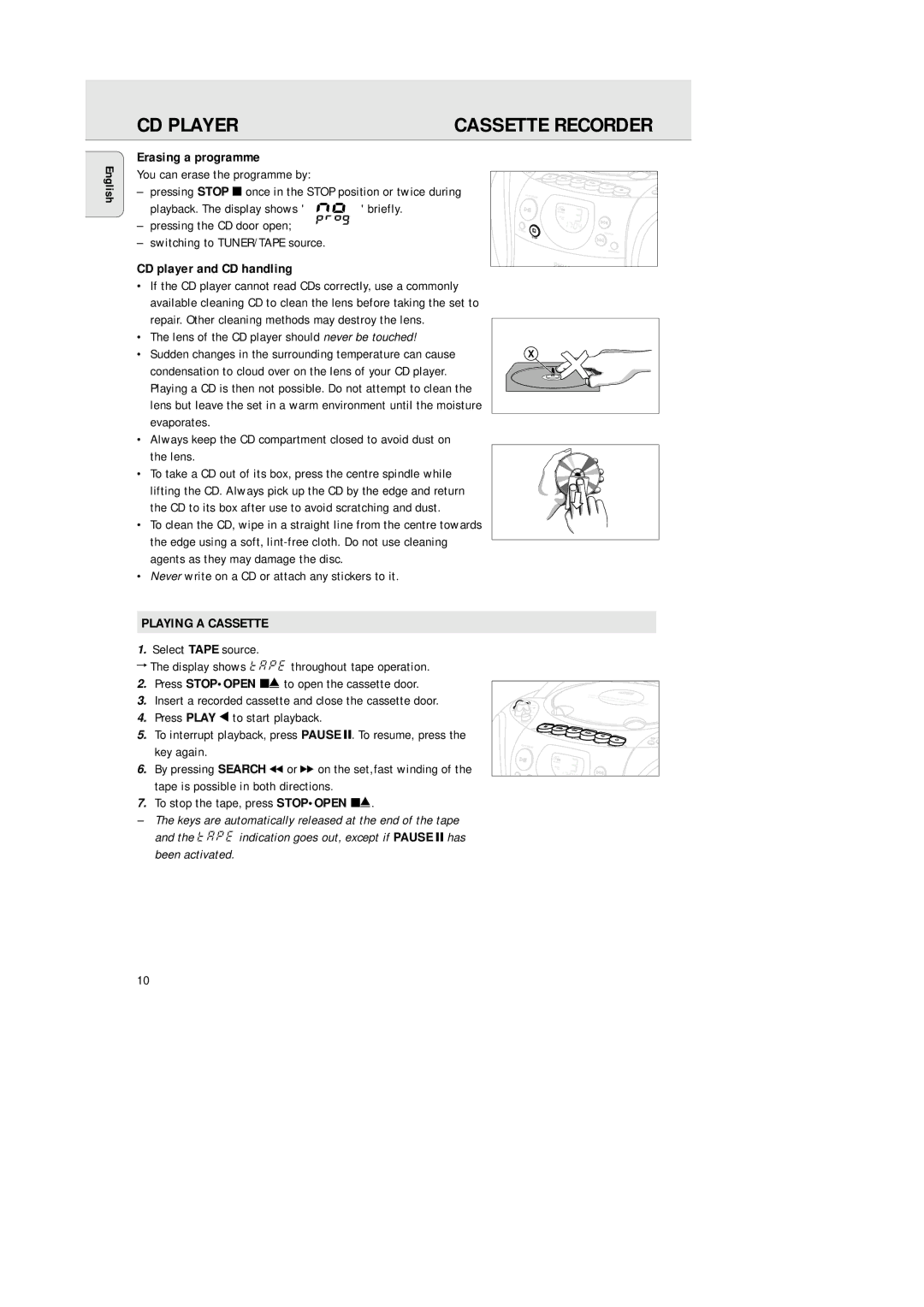 Philips AZ1142 manual Erasing a programme, CD player and CD handling, Playing a Cassette 