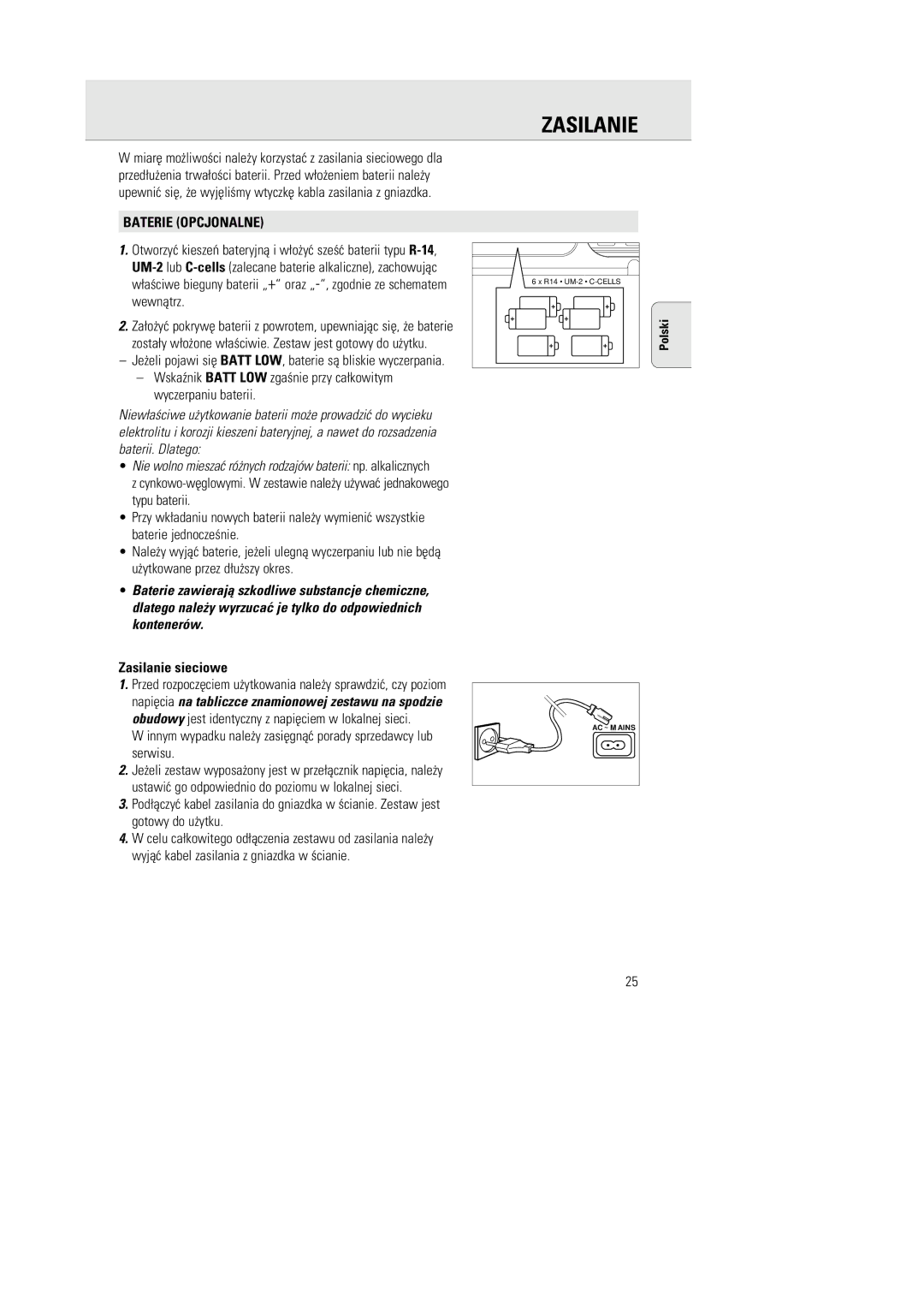 Philips AZ1142 manual Baterie Opcjonalne, Zasilanie sieciowe 