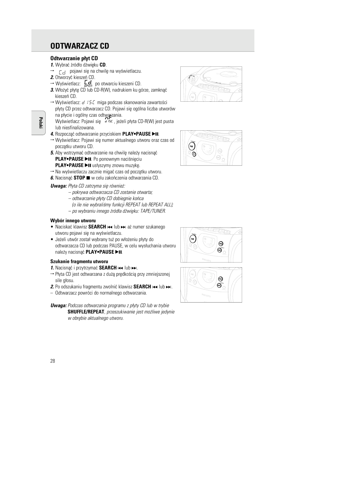 Philips AZ1142 manual Odtwarzacz CD, Odtwarzanie p¬yt CD, Wybór innego utworu, Szukanie fragmentu utworu 